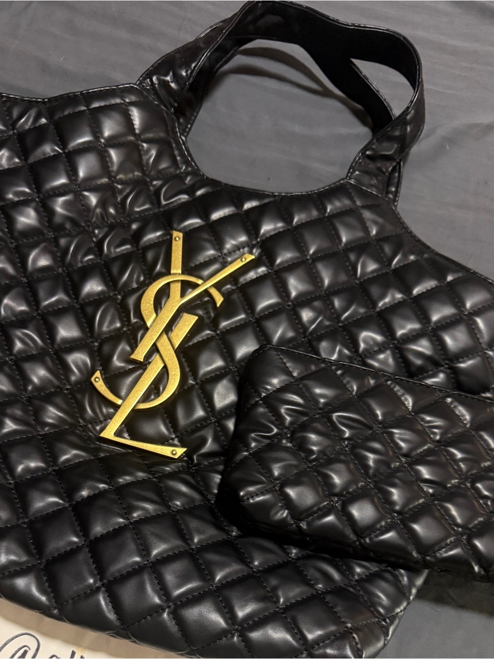 Black Quilted Tote with Gold Monogram Accent